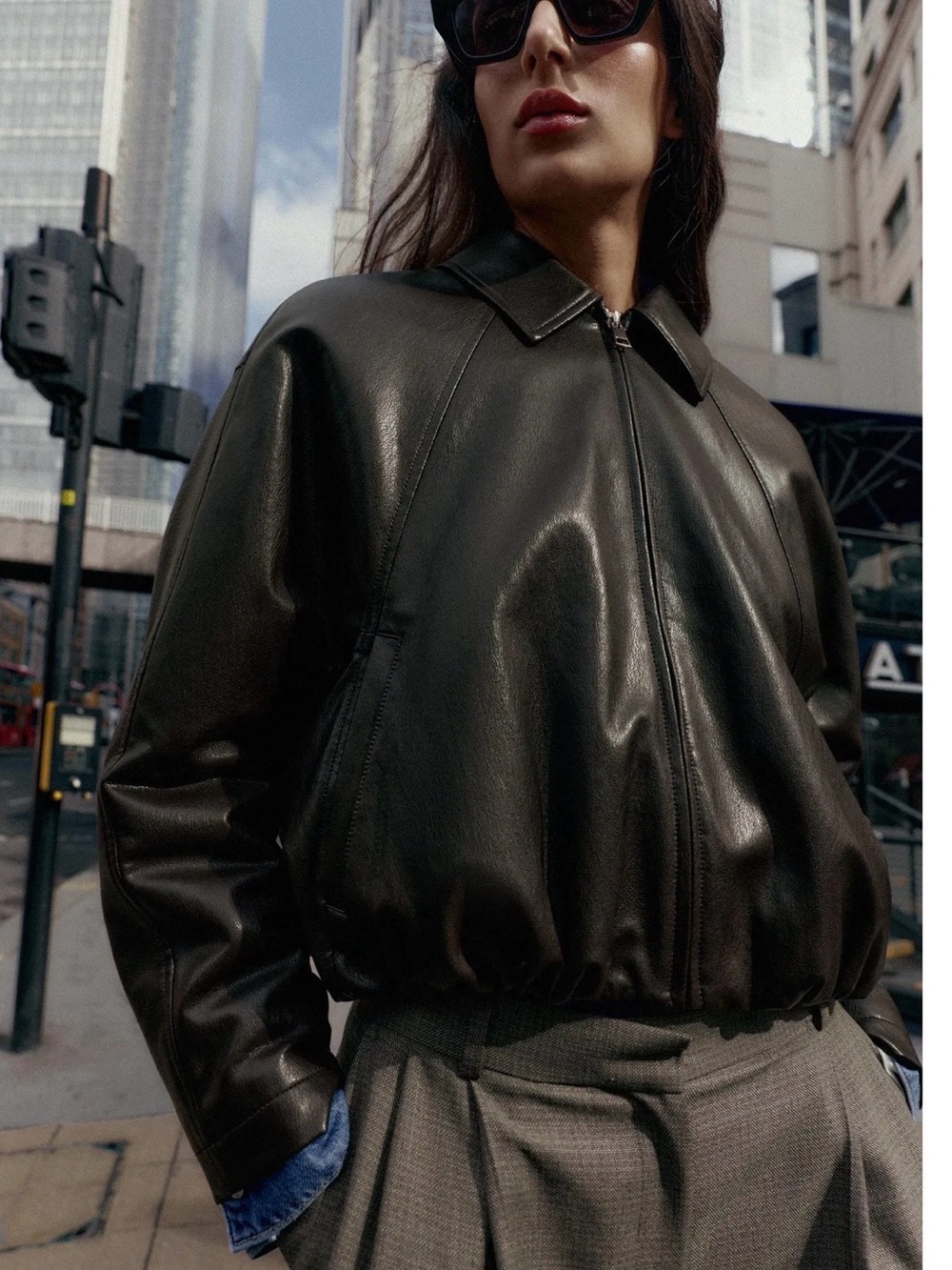 Zara Black Leather Bomber Jacket